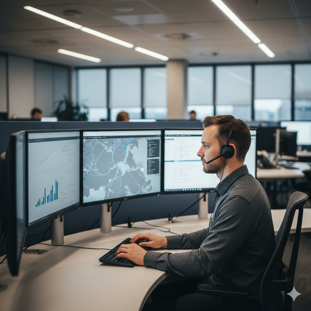 Une affiche promotionnelle pour le BTS Management Opérationnel de la Sécurité (MOS). On y voit un groupe de quatre étudiants en uniforme bleu marine analysant un plan sur un chevalet devant un bâtiment moderne nommé 'Unité Mobile de Sécurité'. En arrière-plan, un drone survole la scène et un camion de surveillance est ouvert. Des mentions textuelles indiquent : Formation Bac+2, Gestion événementielle, et Protection des biens et des personnes.