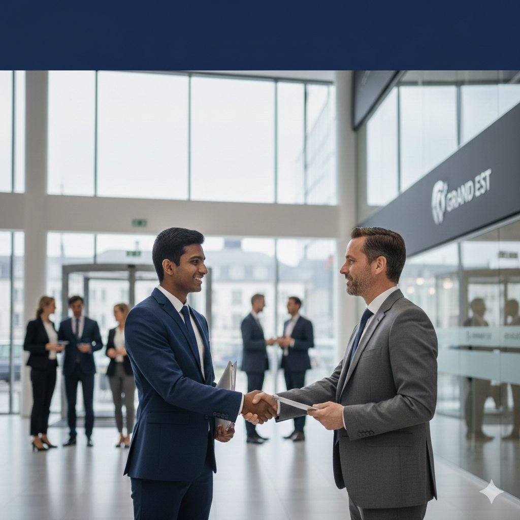 Gemini_Generated_Image_a1zl6wa1zl6wa1zl Une scène professionnelle dans un hall d'entreprise moderne où un jeune diplômé échange une poignée de main chaleureuse avec un recruteur. En arrière-plan, d'autres professionnels discutent dans un environnement lumineux et dynamique, illustrant la réussite de l'insertion professionnelle après un BTS MOS