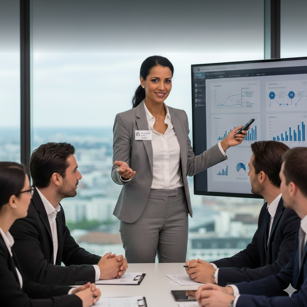 Gemini_Generated_Image_a893wla893wla893 Une jeune femme manager en tenue professionnelle présentant des indicateurs de performance et des graphiques sur un écran numérique. Elle anime une réunion avec trois collaborateurs dans une salle de conférence moderne avec vue sur la ville, illustrant l'aspect direction et gestion d'équipe du BTS MOS.