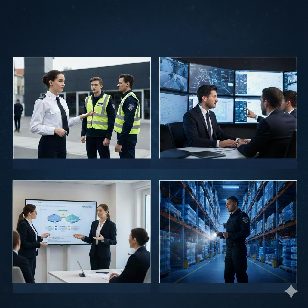 Gemini_Generated_Image_cd55klcd55klcd55 Un montage de quatre photos illustrant les métiers de la sécurité : une cheffe d'équipe briefant ses agents sur le terrain, des experts en coordination dans un centre de contrôle avec écrans, une réunion de conseillers en prévention des risques autour d'un tableau de bord, et un agent de sécurité technique effectuant une ronde de nuit dans un entrepôt logistique.