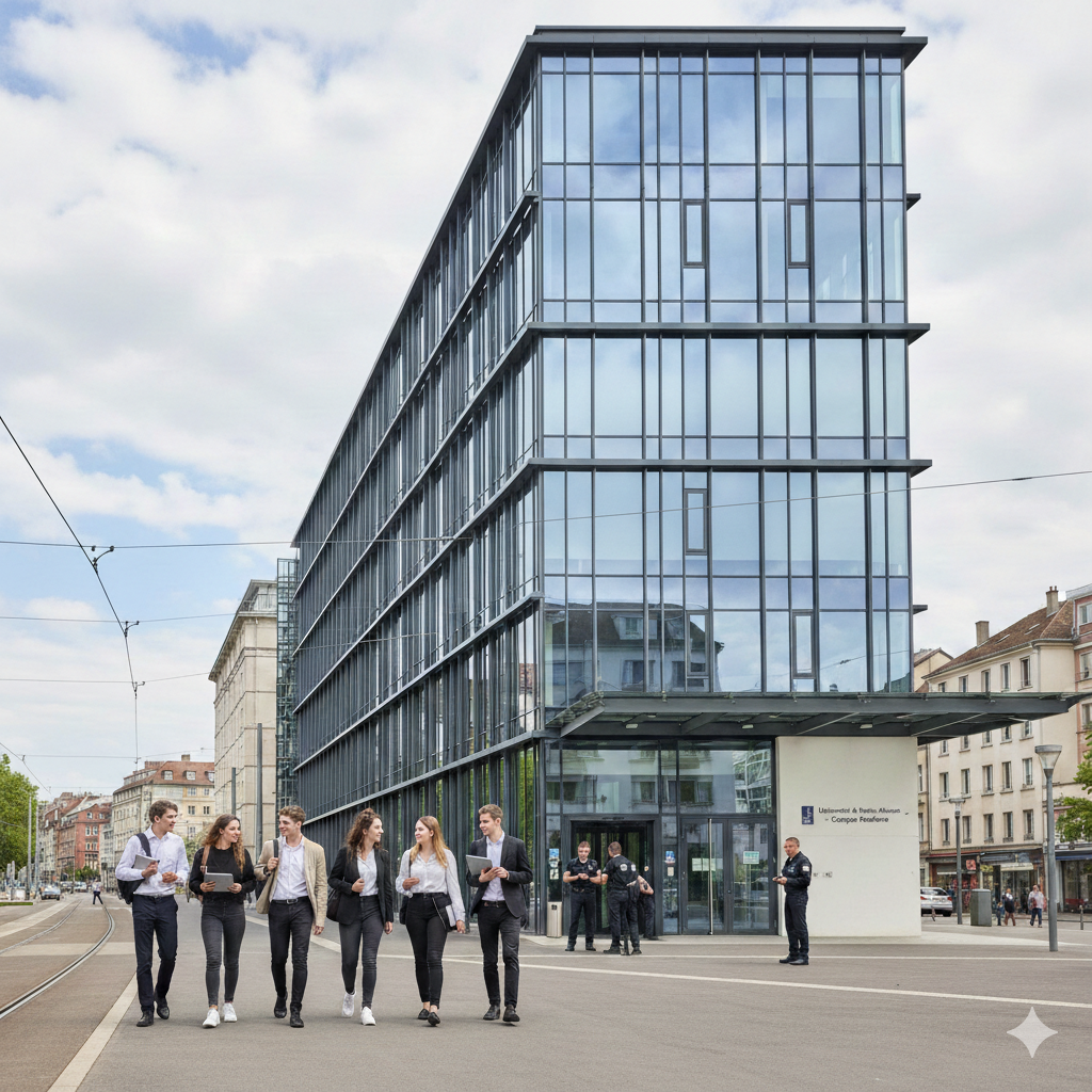 Un groupe de jeunes étudiants marchant devant un bâtiment moderne en verre à Mulhouse. En arrière-plan, des agents de sécurité professionnelle devant l'entrée de l'établissement, illustrant la formation au BTS Management Opérationnel de la Sécurité (MOS).