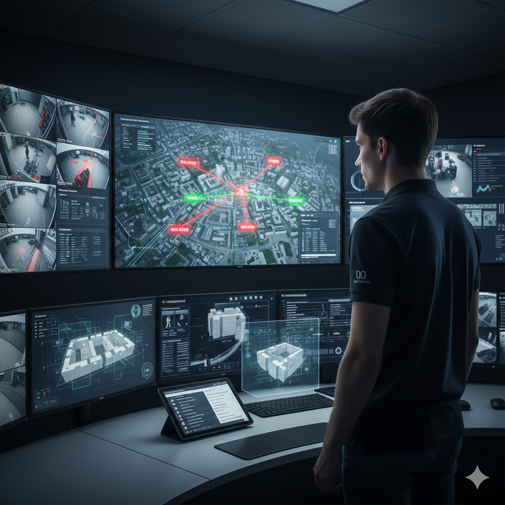 Gemini_Generated_Image_enogifenogifenog Un étudiant en BTS MOS devant un mur d'écrans de contrôle haute technologie dans un centre de gestion de sécurité moderne. L'image illustre la maîtrise de la vidéoprotection, l'analyse des risques numériques et le pilotage opérationnel d'équipes de sécurité.