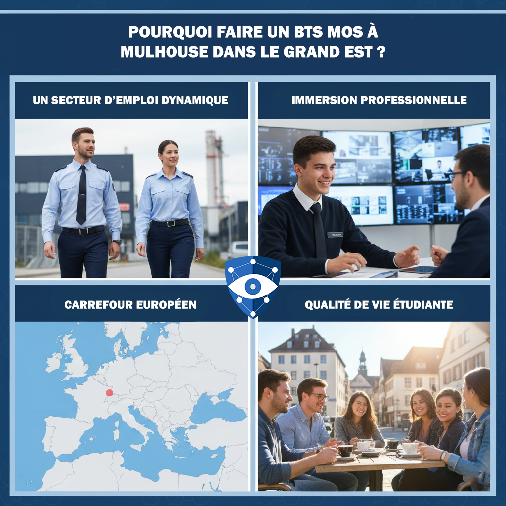 Gemini_Generated_Image_mctu9mmctu9mmctu Un montage en quatre parties expliquant les atouts du BTS MOS à Mulhouse : deux professionnels de la sécurité devant une zone industrielle dynamique, un étudiant en centre de contrôle technologique, une carte de l'Europe situant Mulhouse au cœur des échanges frontaliers, et un groupe d'étudiants profitant d'une terrasse dans le centre-ville historique alsacien.