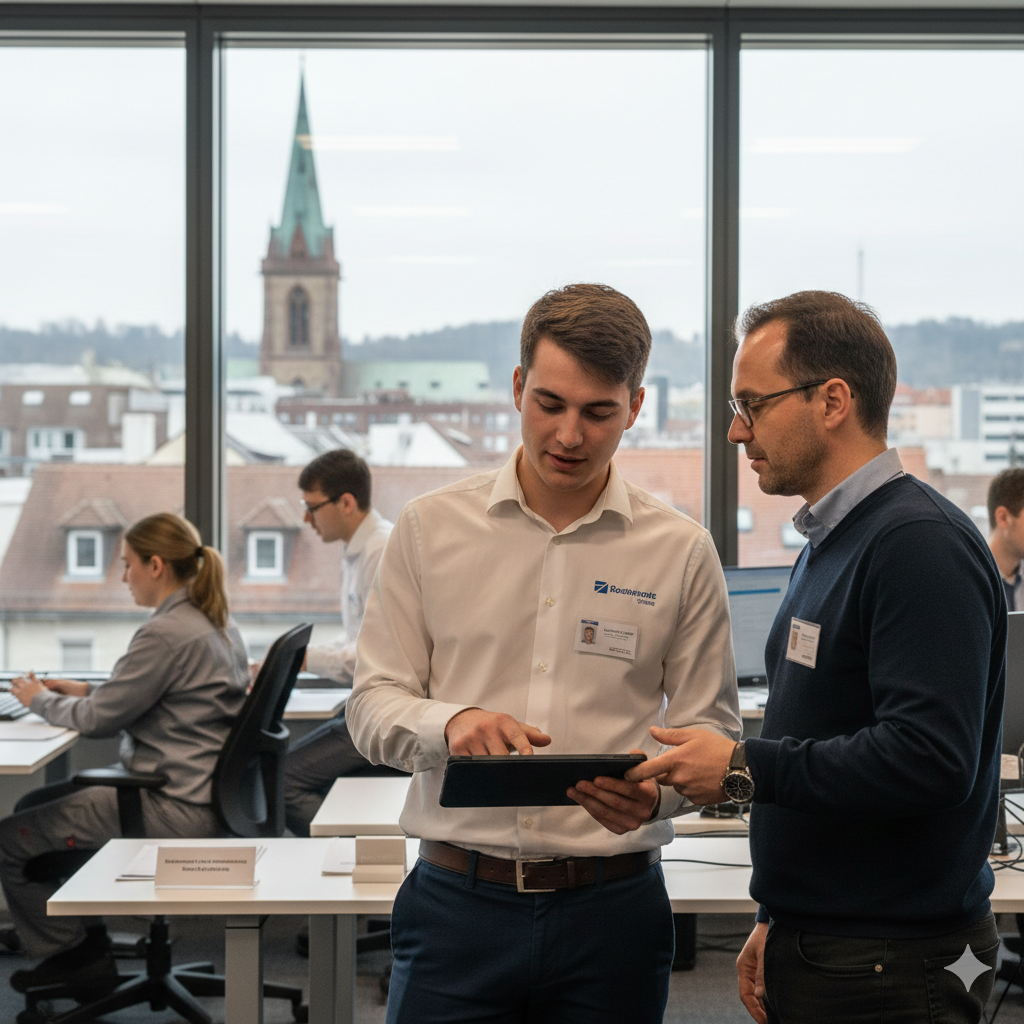 Gemini_Generated_Image_nwvr8ynwvr8ynwvr Un jeune apprenti en BTS MOS en alternance discutant avec son tuteur dans un bureau moderne à Mulhouse. Ils consultent une tablette numérique devant une grande baie vitrée offrant une vue sur le centre-ville historique et ses clochers, illustrant l'immersion professionnelle immédiate